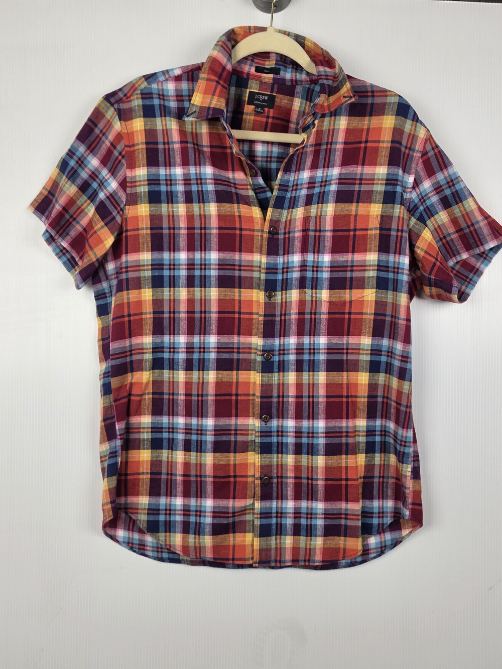 J. Crew Multicolor Plaid Short-Sleeve Button-Down Shirt in Red, Blue, Yellow